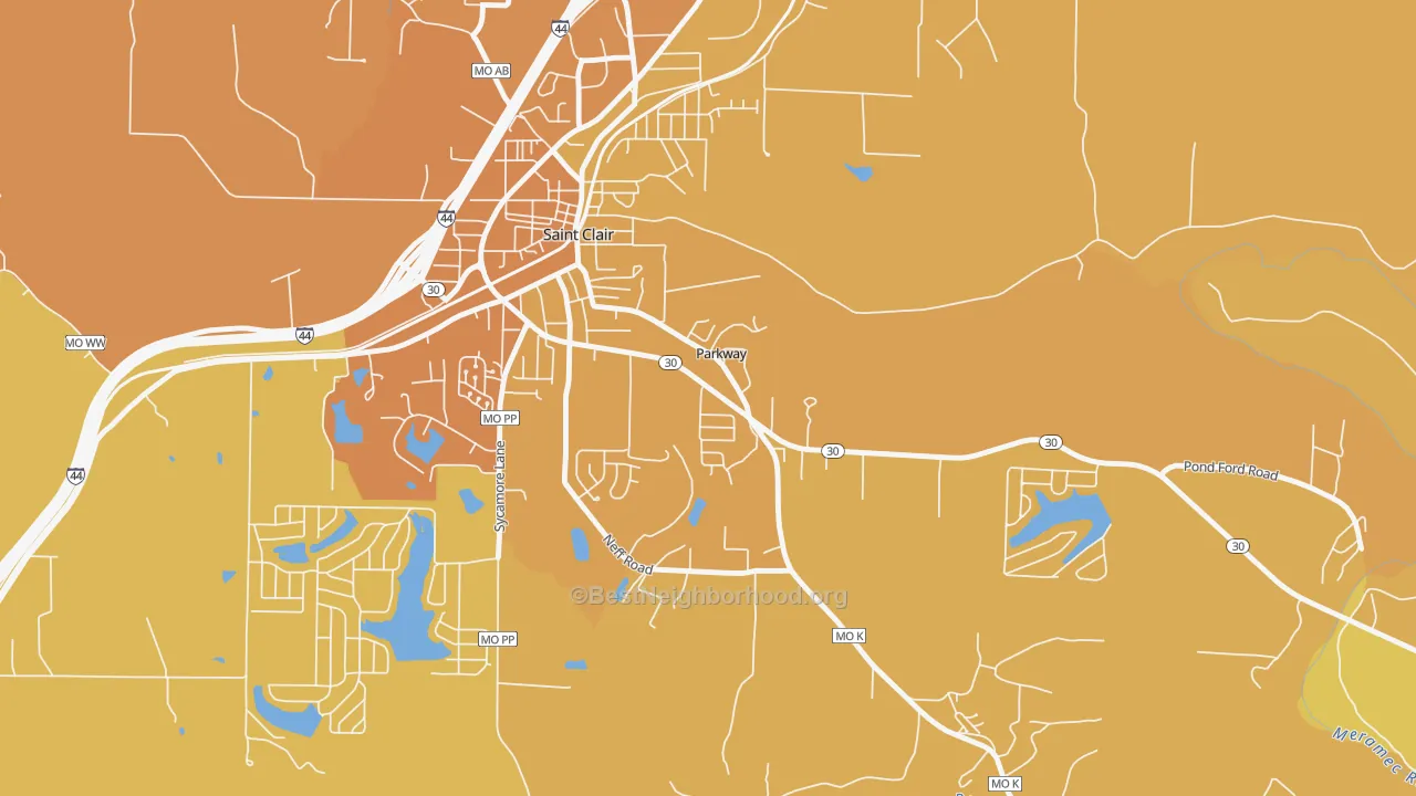 Map of the best neighborhoods in the Parkway area, with better matches in green and worse matches in red