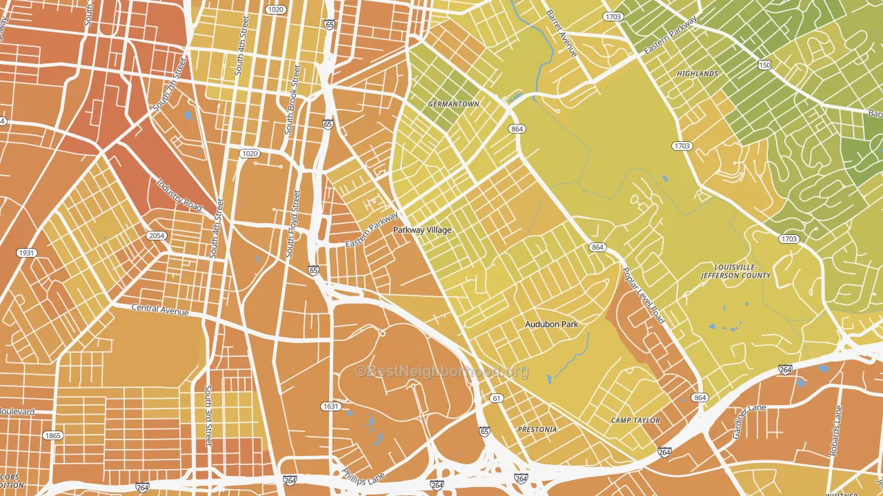 Map of the best neighborhoods in the Parkway Village area, with better matches in green and worse matches in red