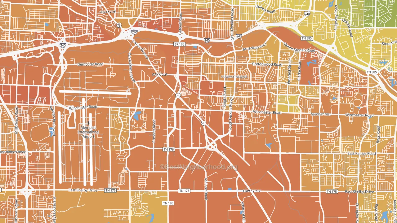 Map of the best neighborhoods in the Parkway Village-Oakhaven, Memphis area, with better matches in green and worse matches in red