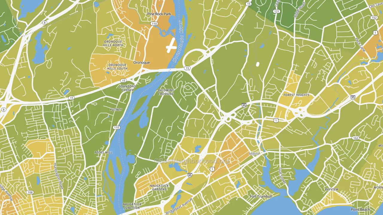 Map of the best neighborhoods in the Parkway-Wheelers Farm Road, Milford area, with better matches in green and worse matches in red