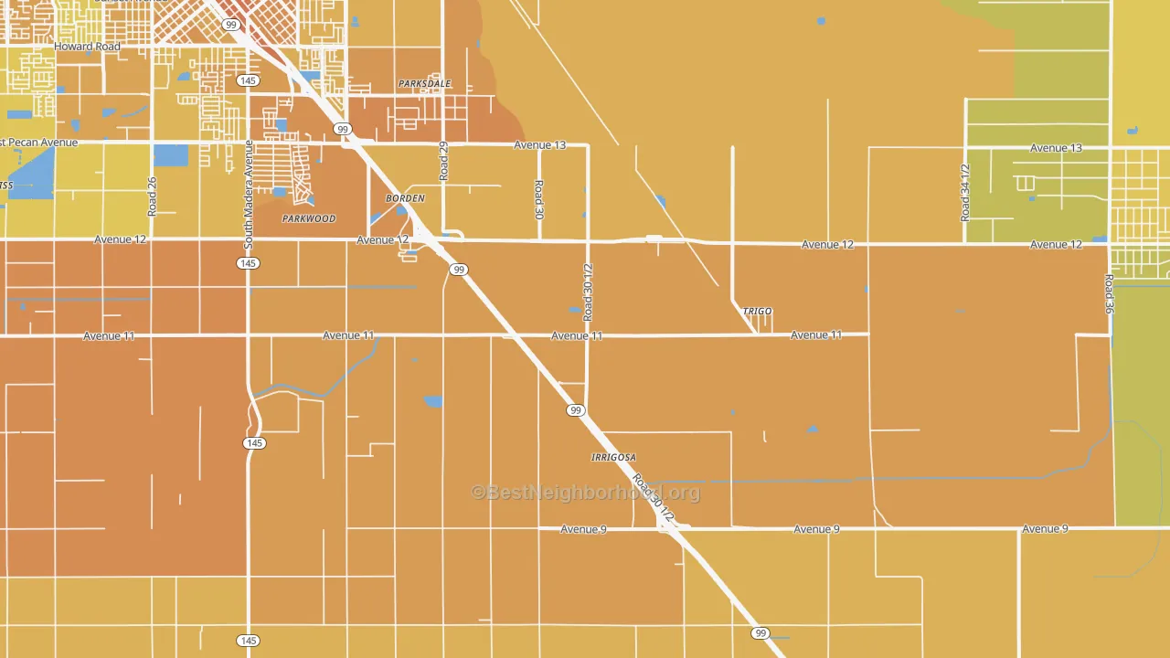 Map of the best neighborhoods in the Parkwood area, with better matches in green and worse matches in red