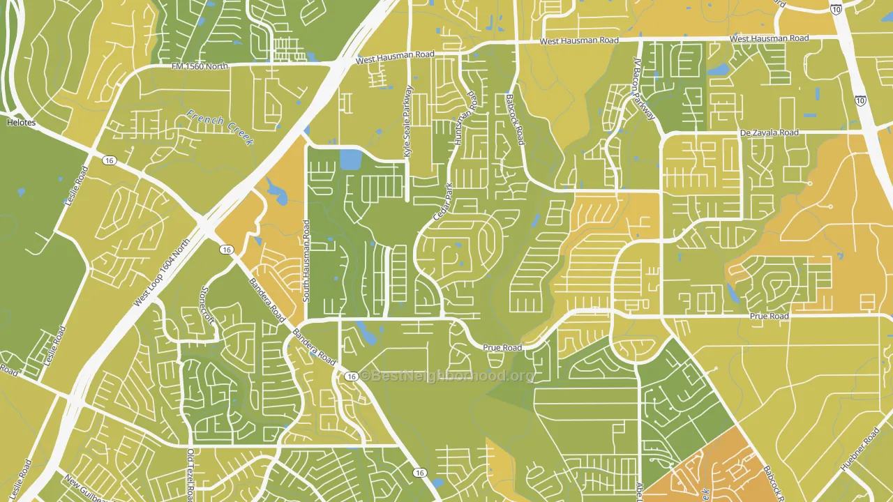 Map of the best neighborhoods in the Parkwood Maintenance, San Antonio area, with better matches in green and worse matches in red