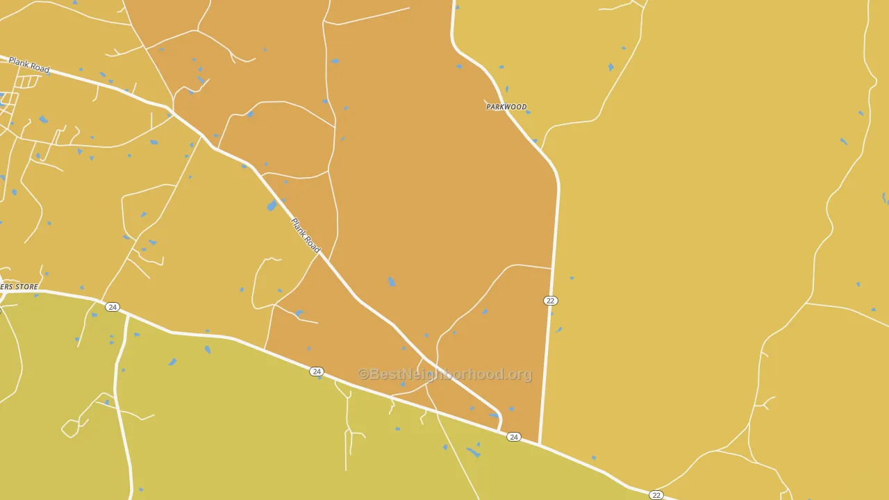 Map of the best neighborhoods in the Parkwood area, with better matches in green and worse matches in red
