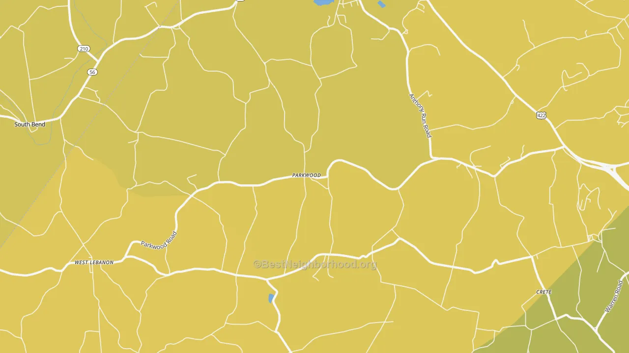 Map of the best neighborhoods in the Parkwood area, with better matches in green and worse matches in red