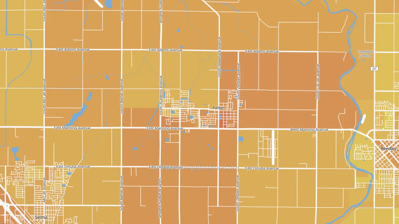 Map of the best neighborhoods in the Parlier area, with better matches in green and worse matches in red