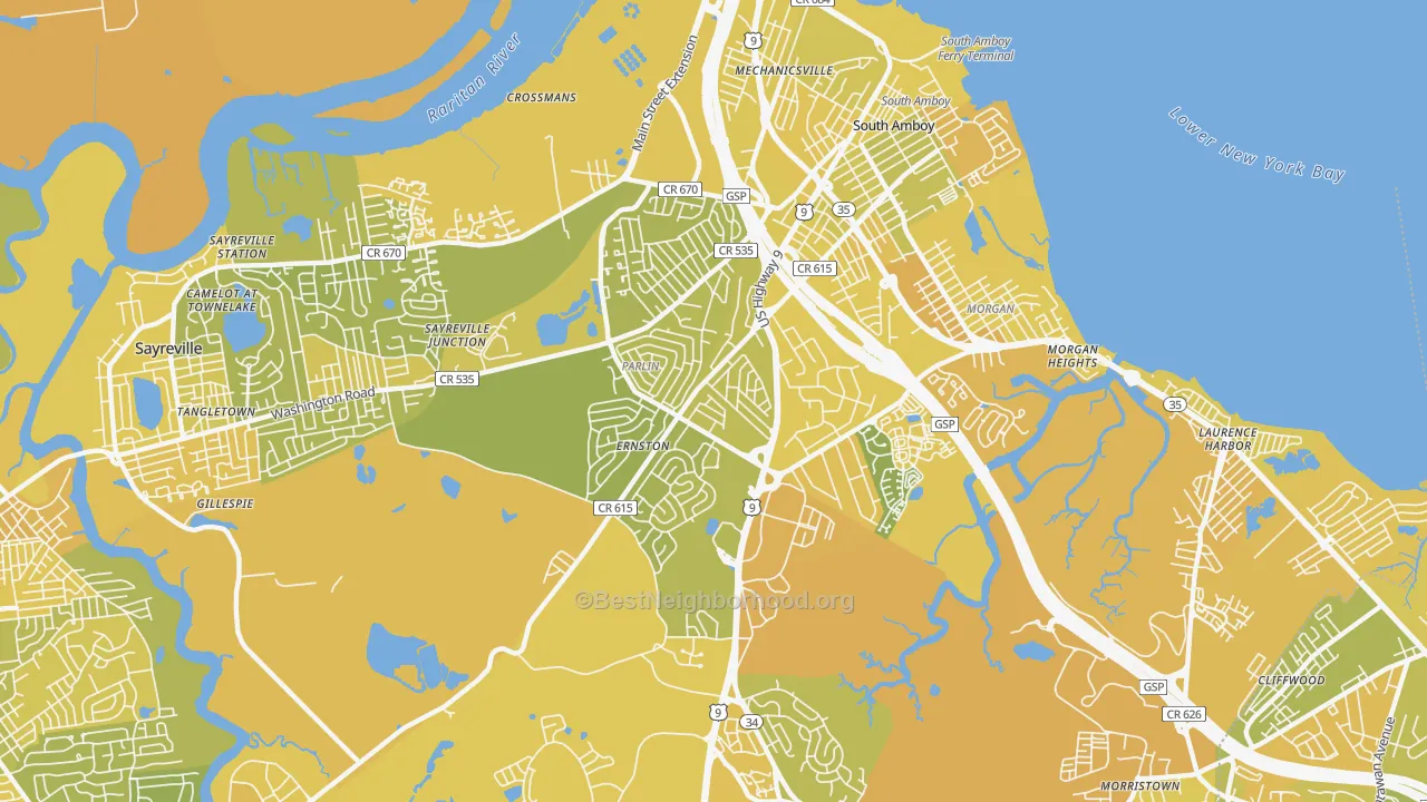 Map of the best neighborhoods in the Parlin area, with better matches in green and worse matches in red