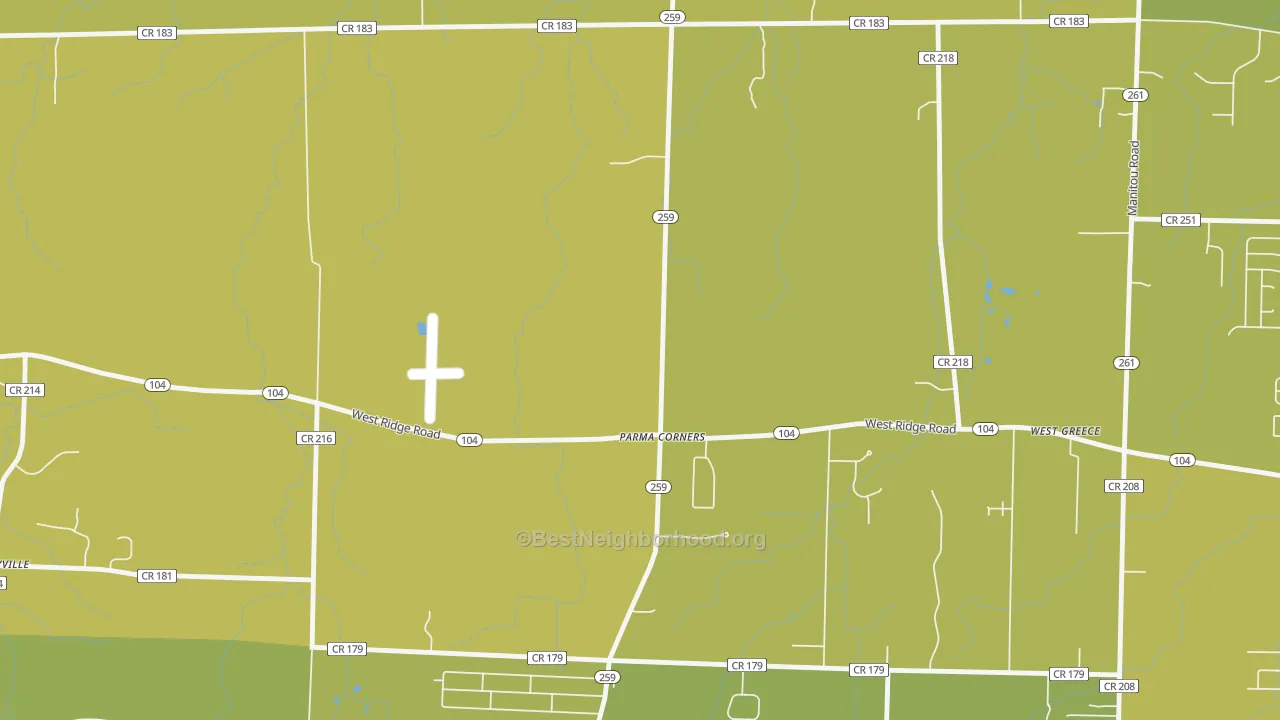 Map of the best neighborhoods in the Parma Corners area, with better matches in green and worse matches in red