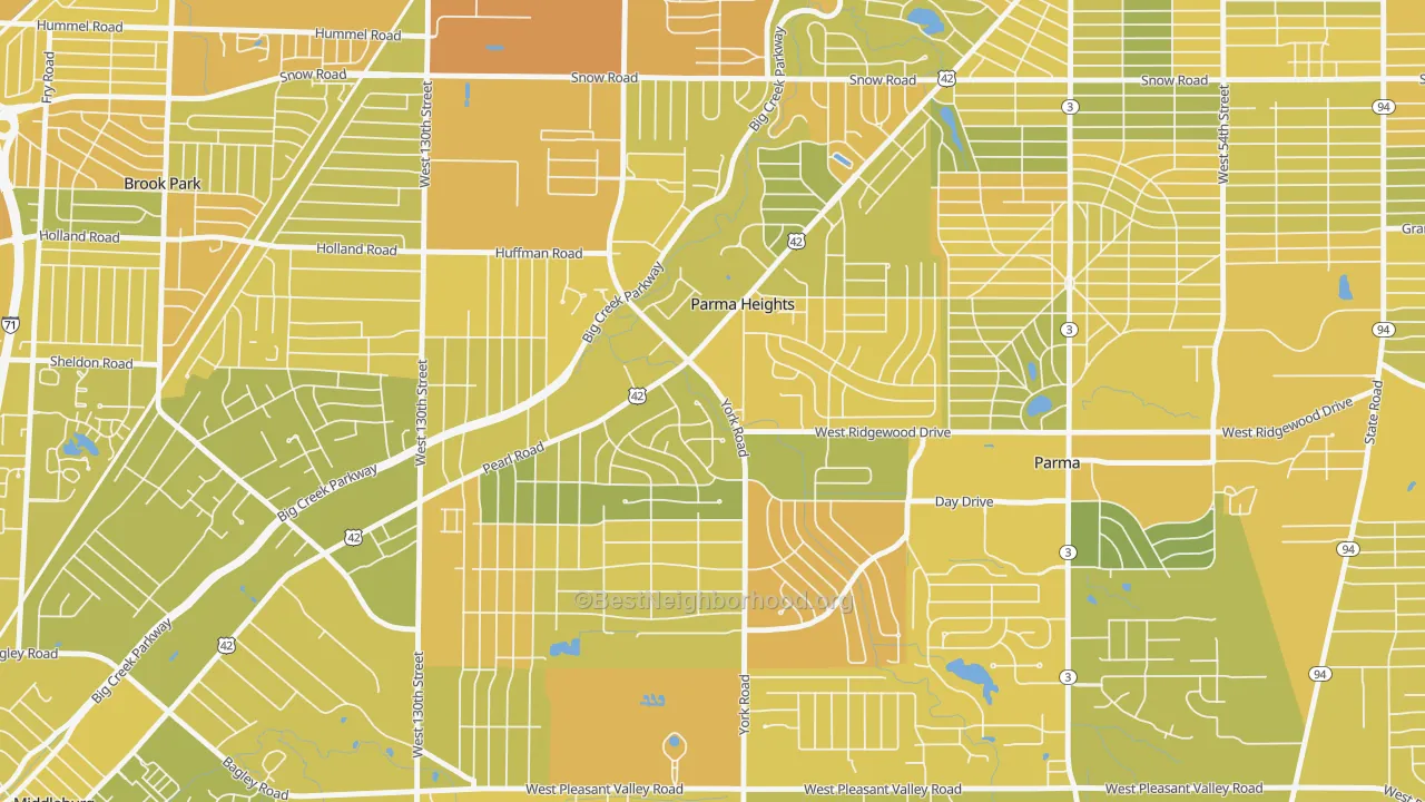Map of the best neighborhoods in the Parma Heights area, with better matches in green and worse matches in red
