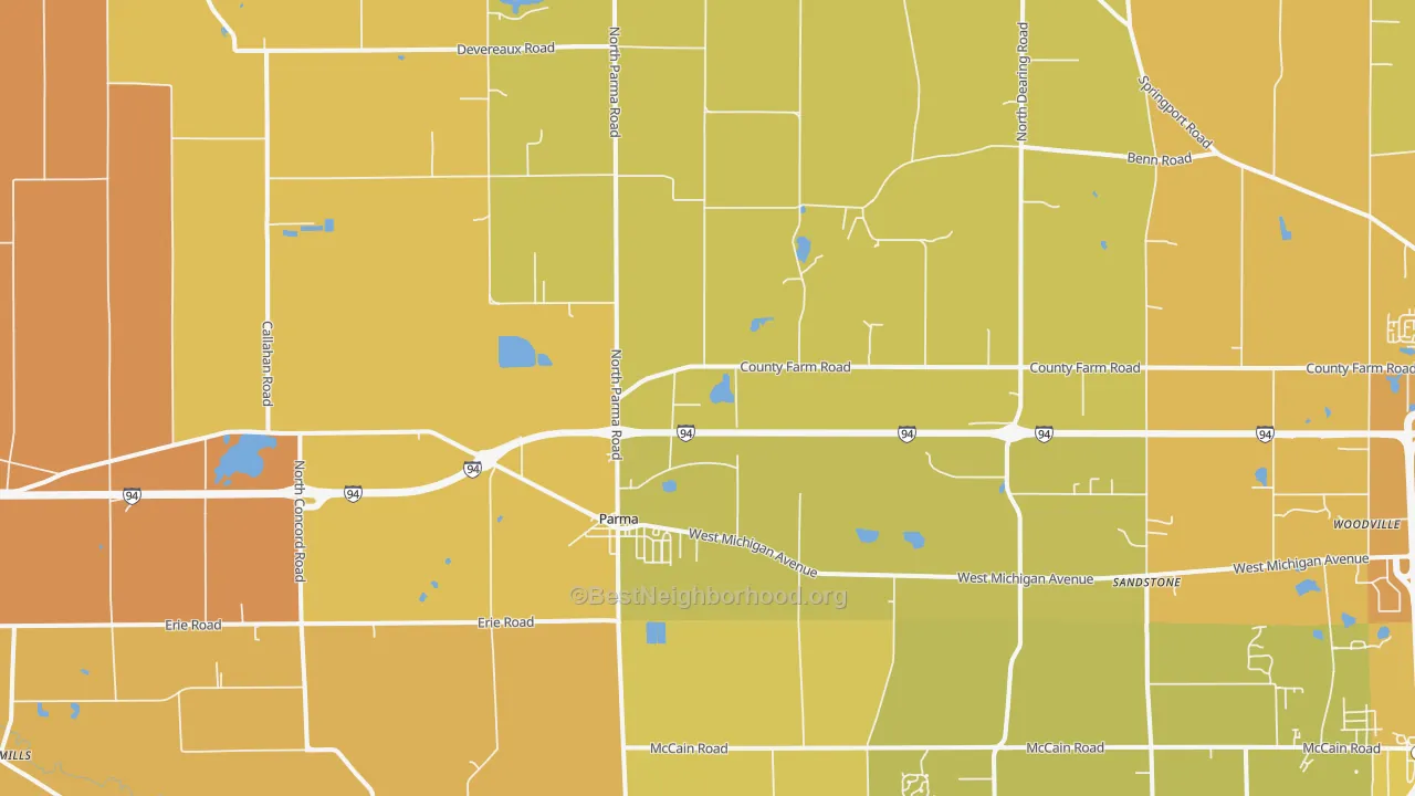 Map of the best neighborhoods in the Parma area, with better matches in green and worse matches in red