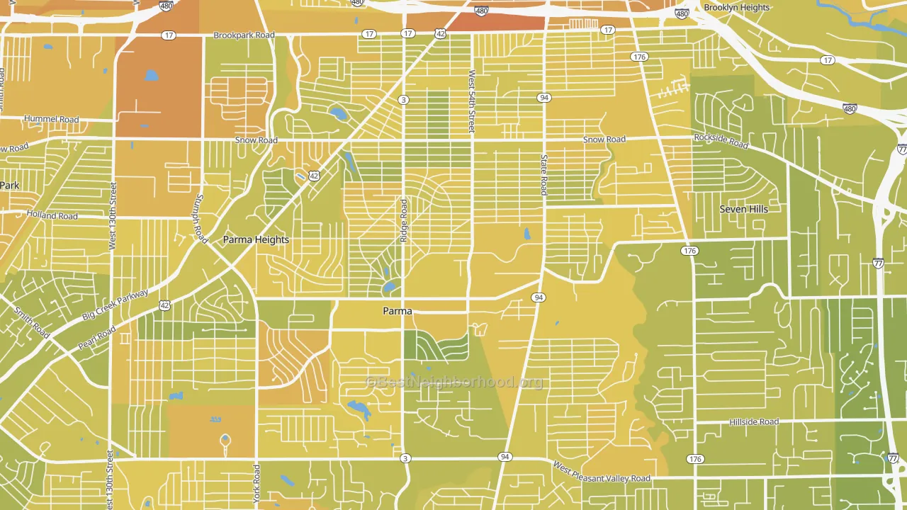 Map of the best neighborhoods in the Parma area, with better matches in green and worse matches in red