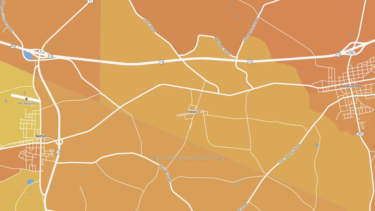 Map of the best neighborhoods in the Parmele area, with better matches in green and worse matches in red