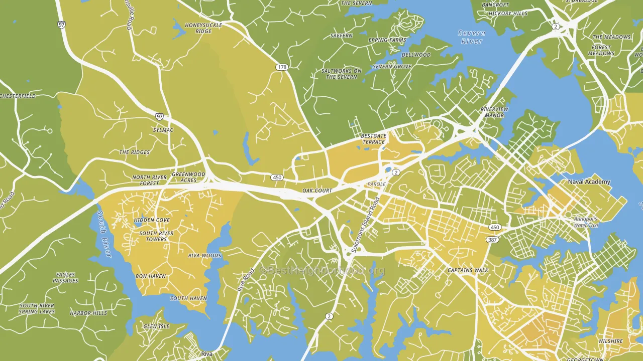 Map of the best neighborhoods in the Parole area, with better matches in green and worse matches in red