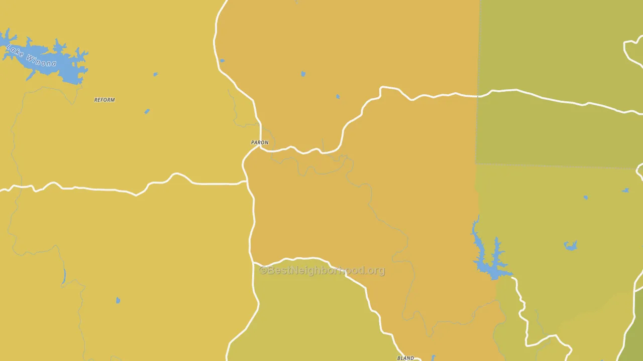 Map of the best neighborhoods in the Paron area, with better matches in green and worse matches in red