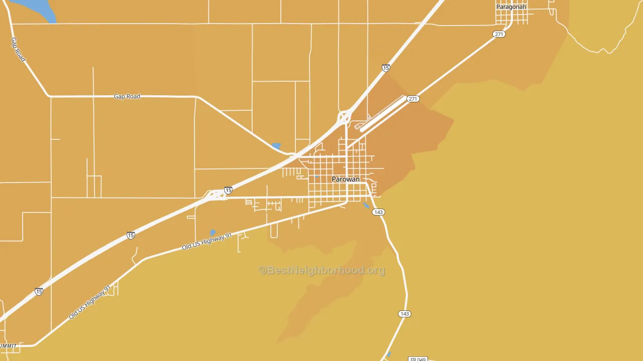 Map of the best neighborhoods in the Parowan area, with better matches in green and worse matches in red
