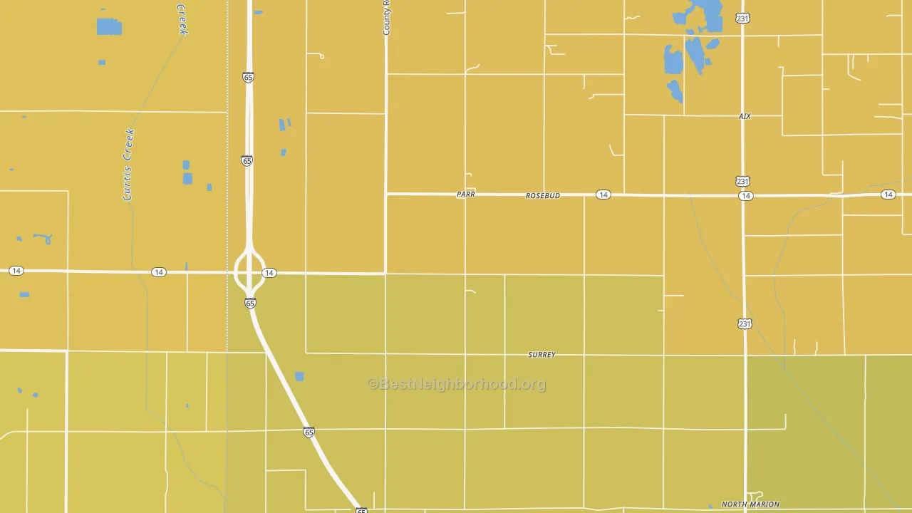 Map of the best neighborhoods in the Parr area, with better matches in green and worse matches in red