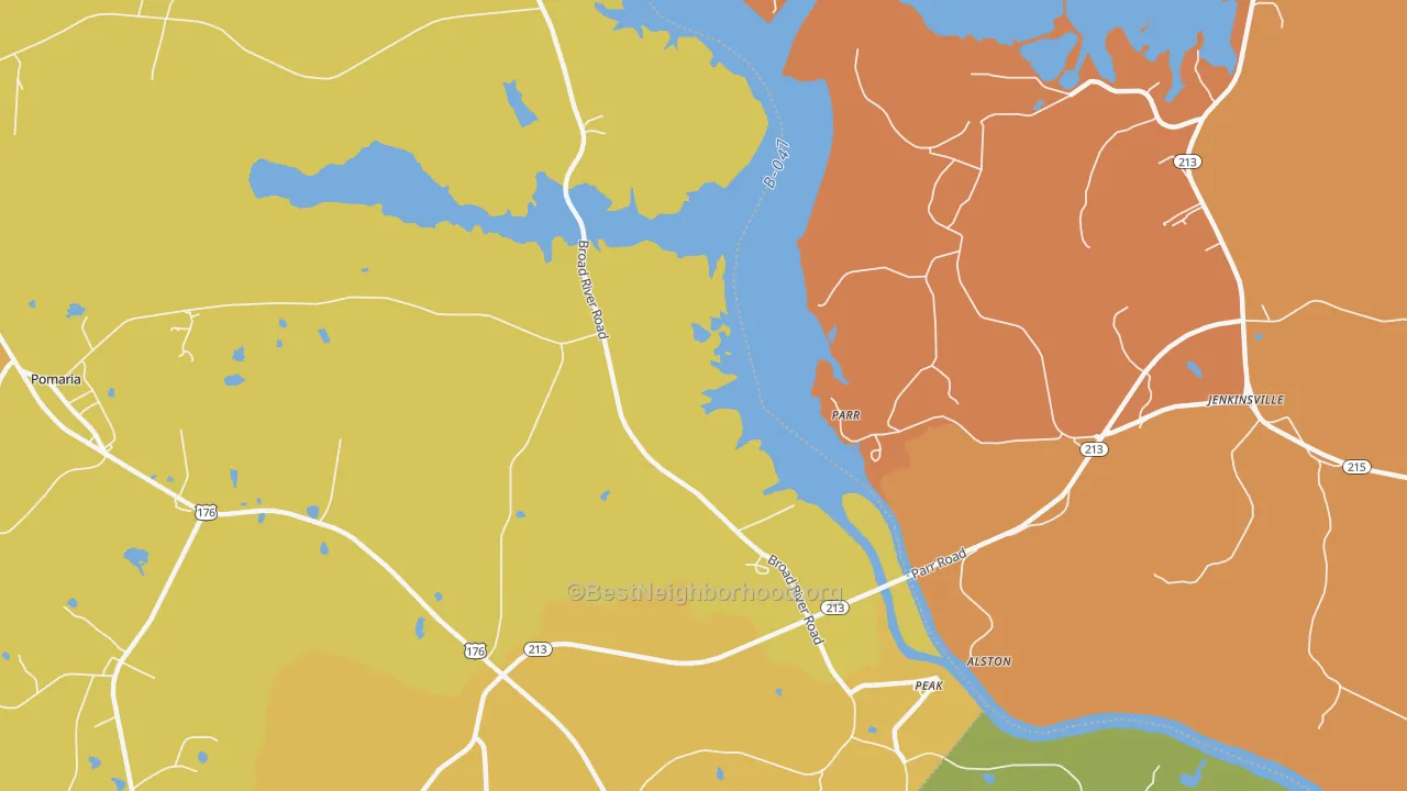 Map of the best neighborhoods in the Parr area, with better matches in green and worse matches in red