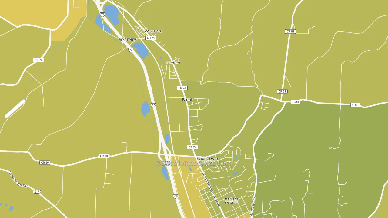 Map of the best neighborhoods in the Parral area, with better matches in green and worse matches in red