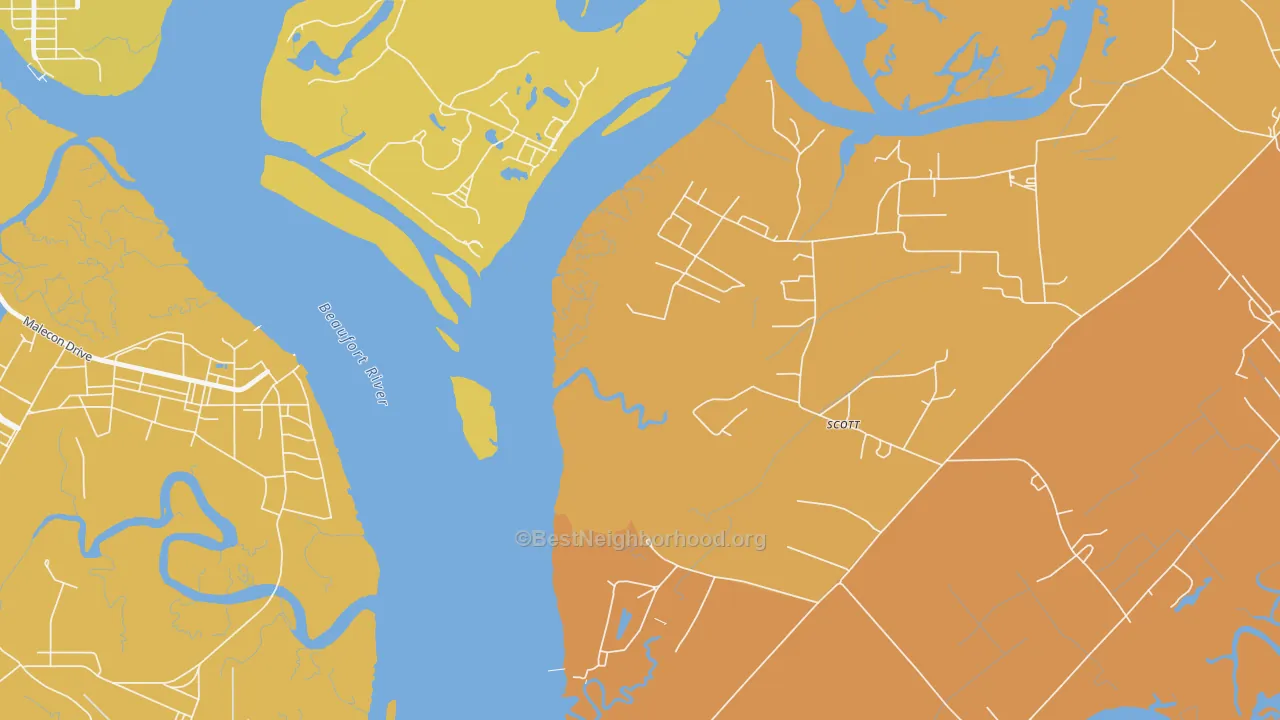 Map of the best neighborhoods in the Parris Island area, with better matches in green and worse matches in red