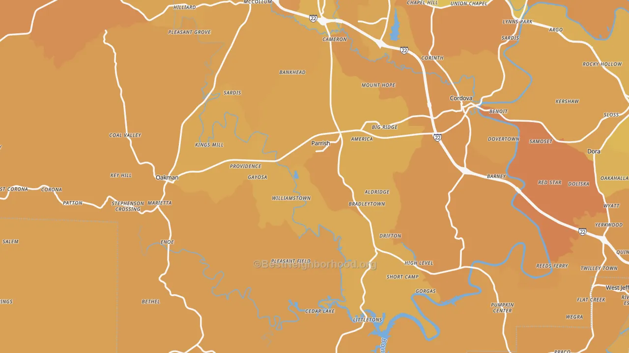 Map of the best neighborhoods in the Parrish area, with better matches in green and worse matches in red