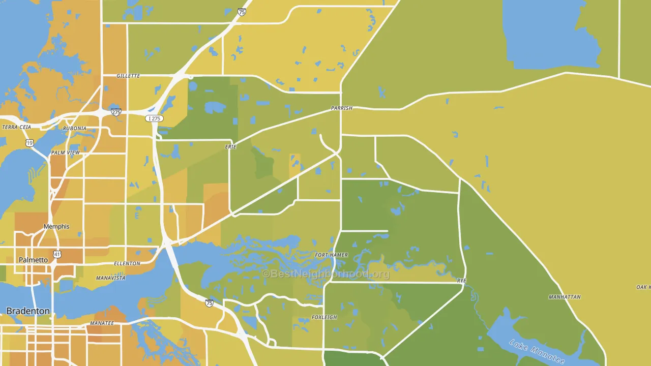 Map of the best neighborhoods in the Parrish area, with better matches in green and worse matches in red