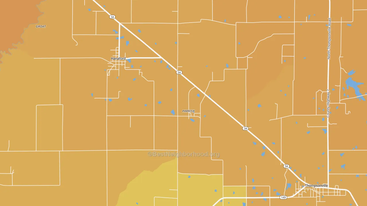 Map of the best neighborhoods in the Parrish area, with better matches in green and worse matches in red