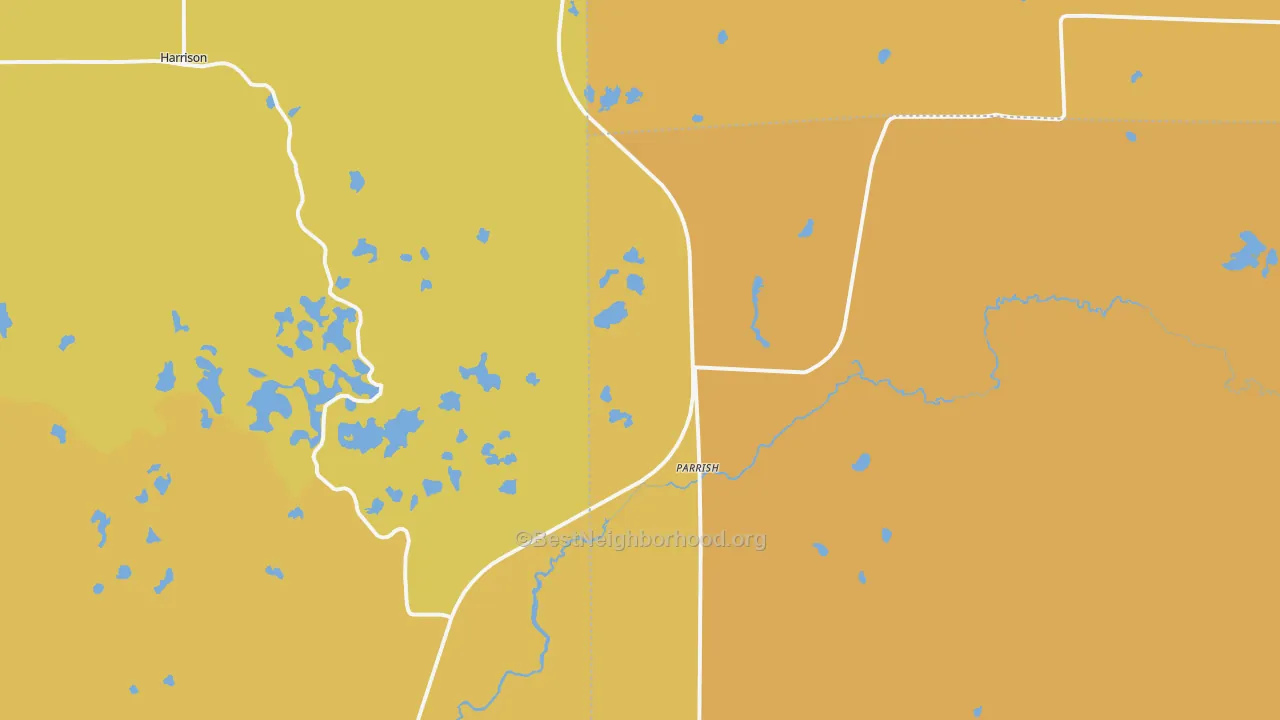 Map of the best neighborhoods in the Parrish area, with better matches in green and worse matches in red