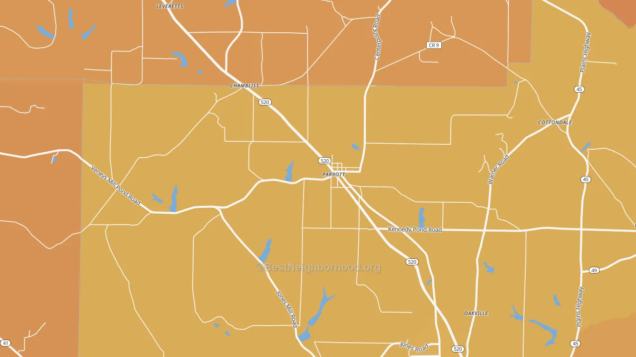 Map of the best neighborhoods in the Parrott area, with better matches in green and worse matches in red