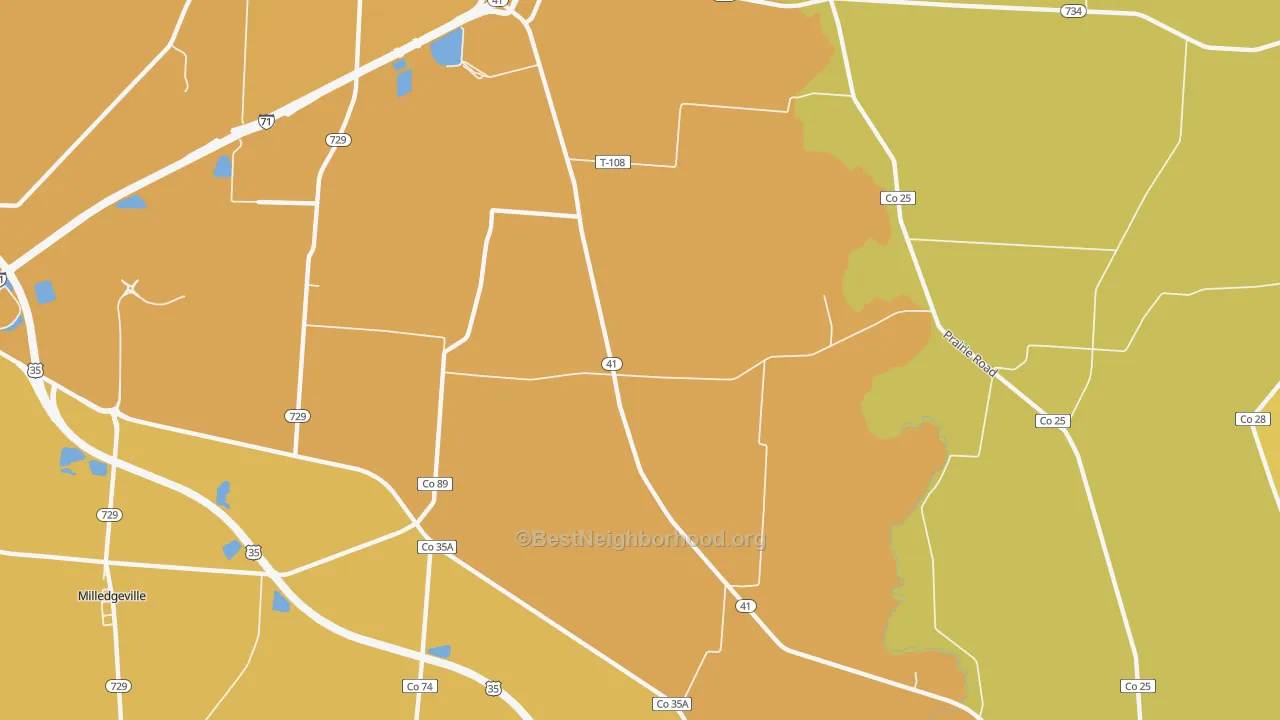 Map of the best neighborhoods in the Parrott area, with better matches in green and worse matches in red