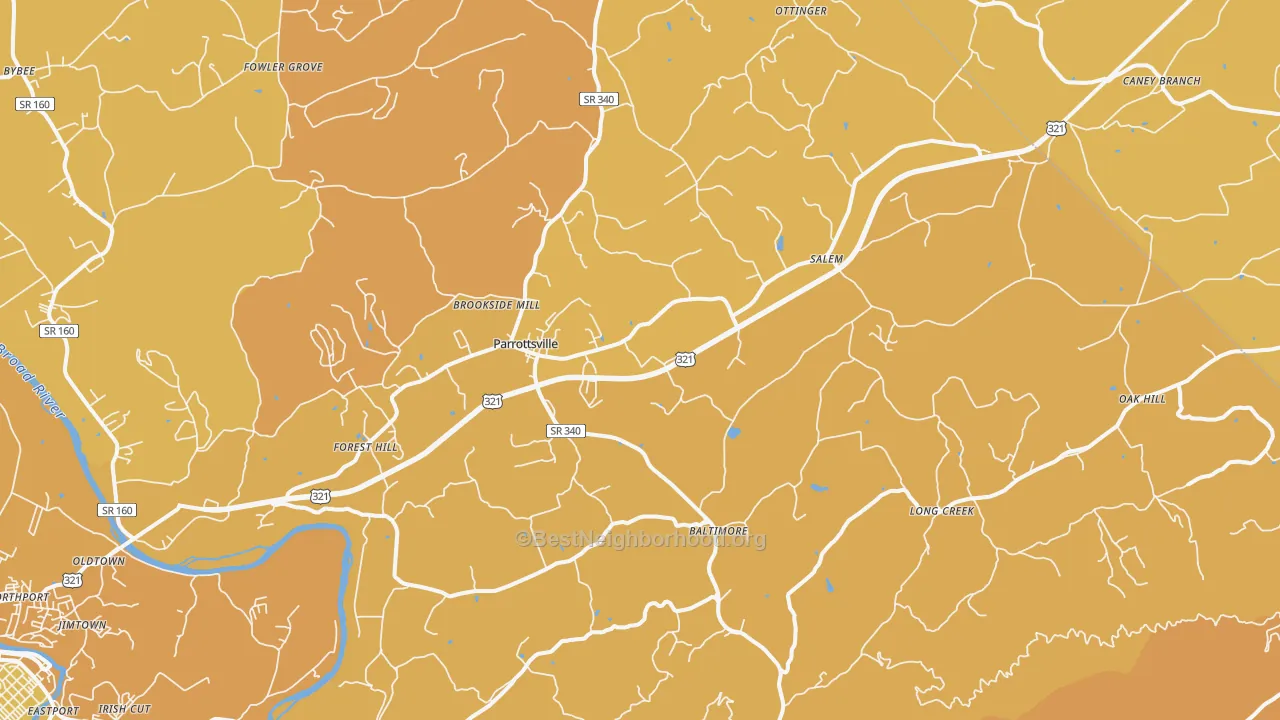 Map of the best neighborhoods in the Parrottsville area, with better matches in green and worse matches in red