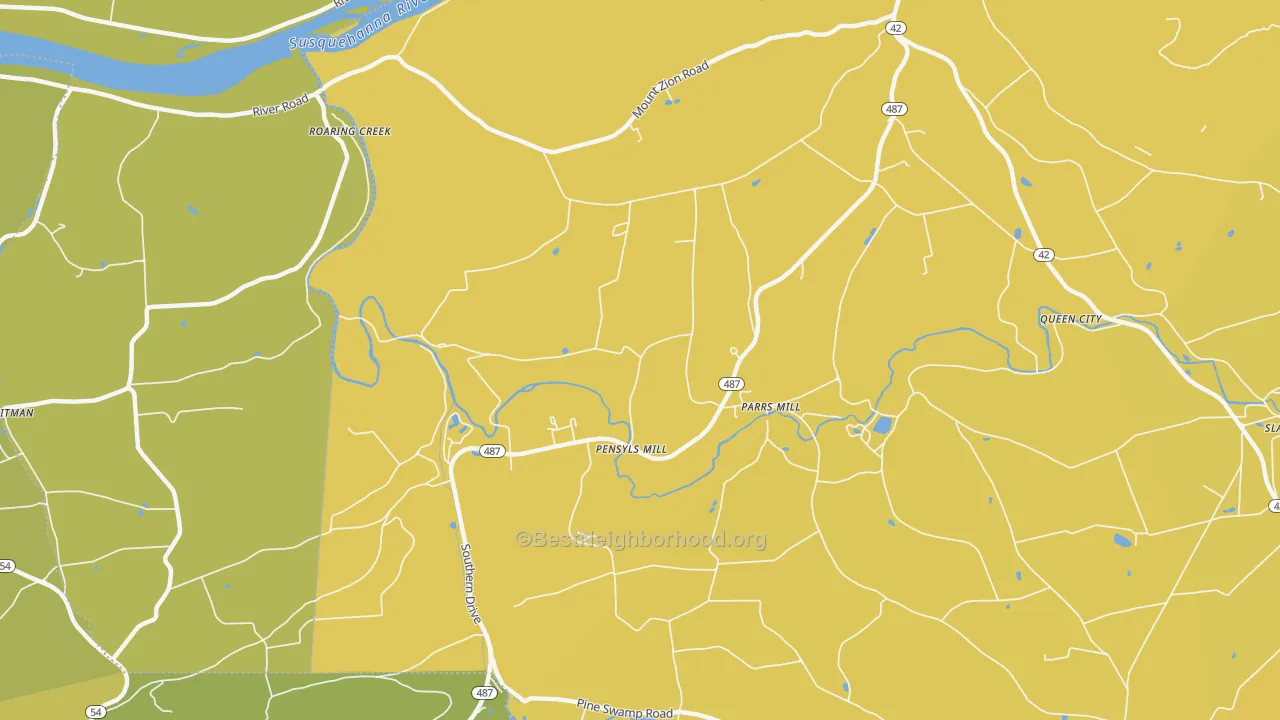 Map of the best neighborhoods in the Parrs Mill area, with better matches in green and worse matches in red
