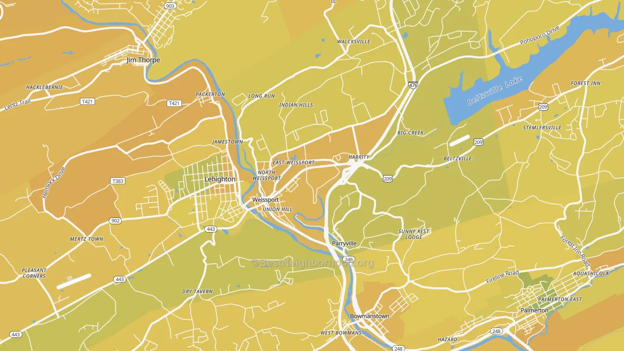 Map of the best neighborhoods in the Parryville area, with better matches in green and worse matches in red