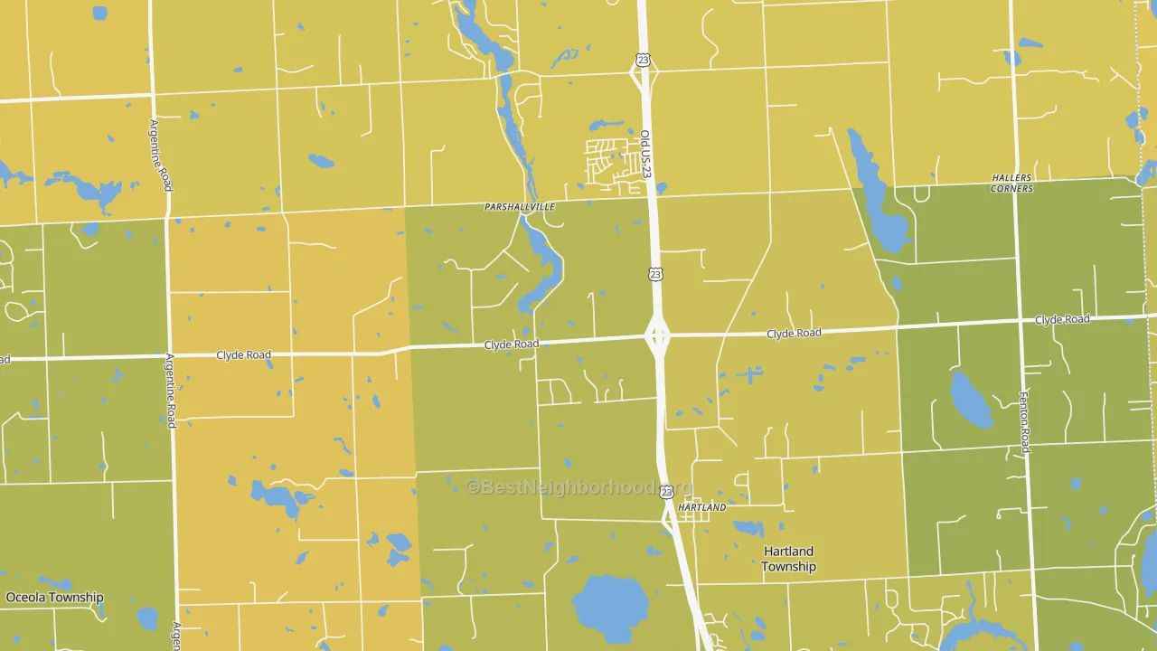 Map of the best neighborhoods in the Parshallville area, with better matches in green and worse matches in red