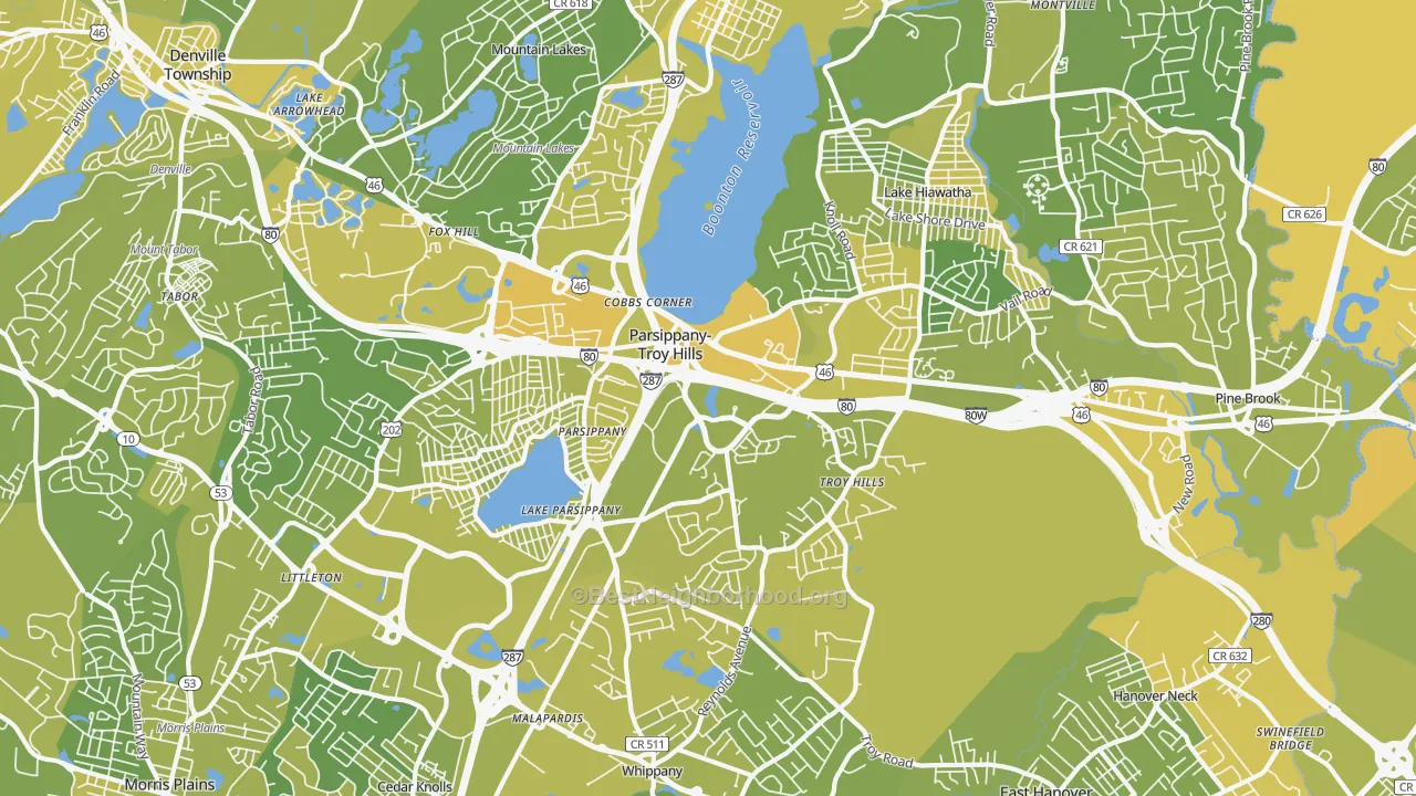Map of the best neighborhoods in the Parsippany area, with better matches in green and worse matches in red