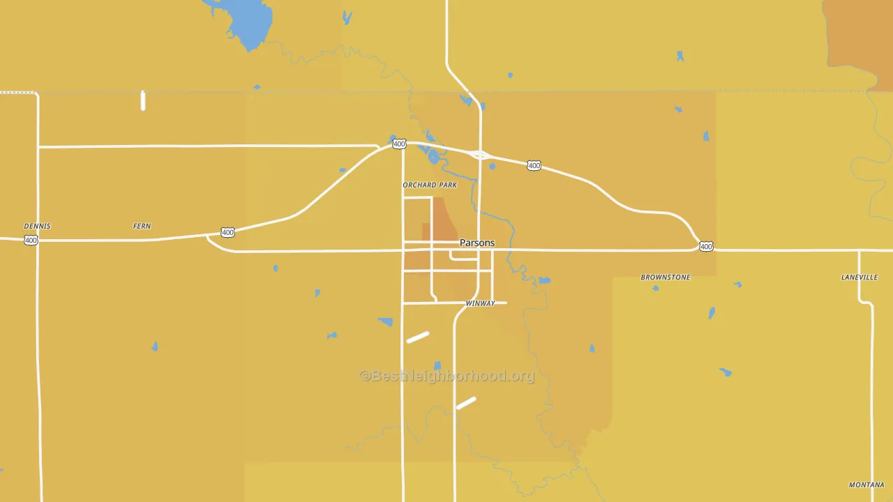 Map of the best neighborhoods in the Parsons area, with better matches in green and worse matches in red