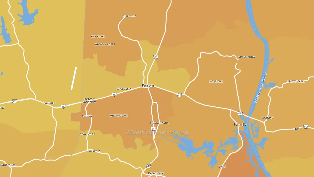 Map of the best neighborhoods in the Parsons area, with better matches in green and worse matches in red