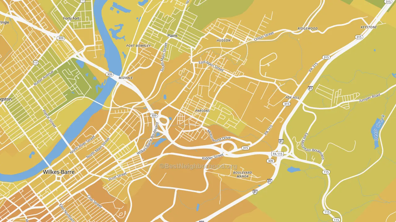 Map of the best neighborhoods in the Parsons, Wilkes-Barre area, with better matches in green and worse matches in red