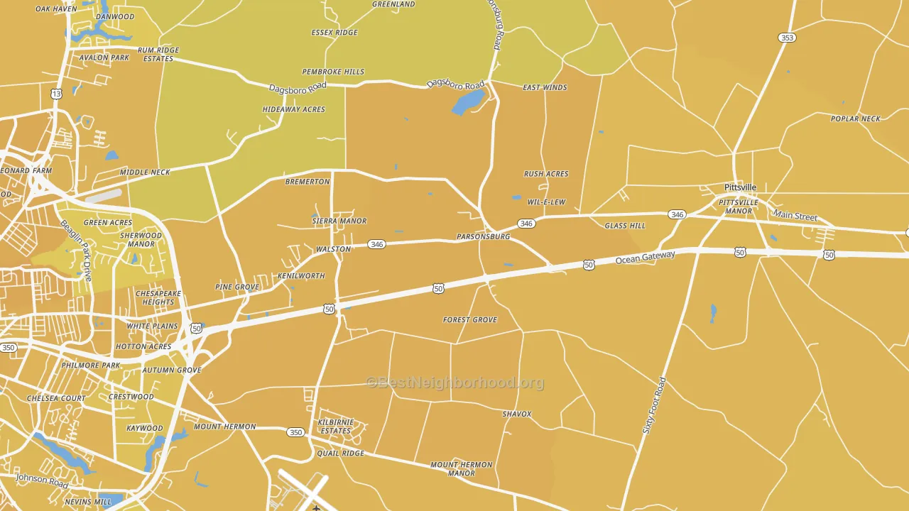 Map of the best neighborhoods in the Parsonsburg area, with better matches in green and worse matches in red