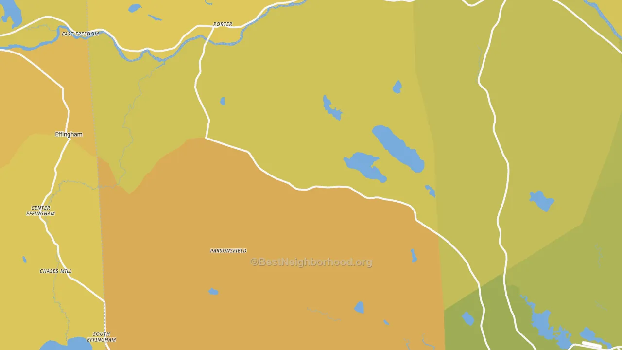 Map of the best neighborhoods in the Parsonsfield area, with better matches in green and worse matches in red