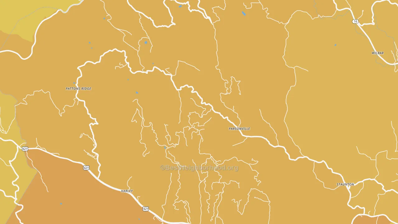 Map of the best neighborhoods in the Parsonville area, with better matches in green and worse matches in red