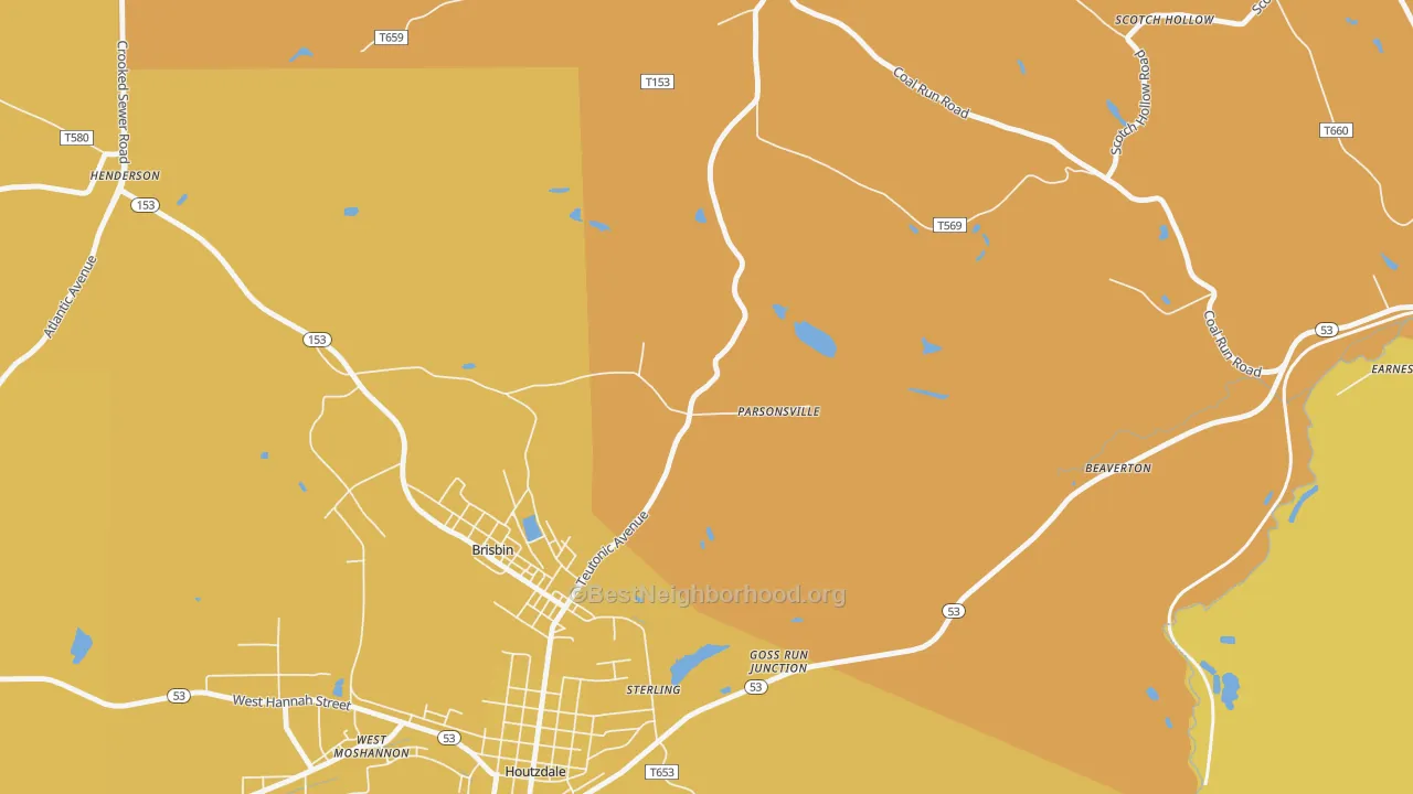 Map of the best neighborhoods in the Parsonville area, with better matches in green and worse matches in red