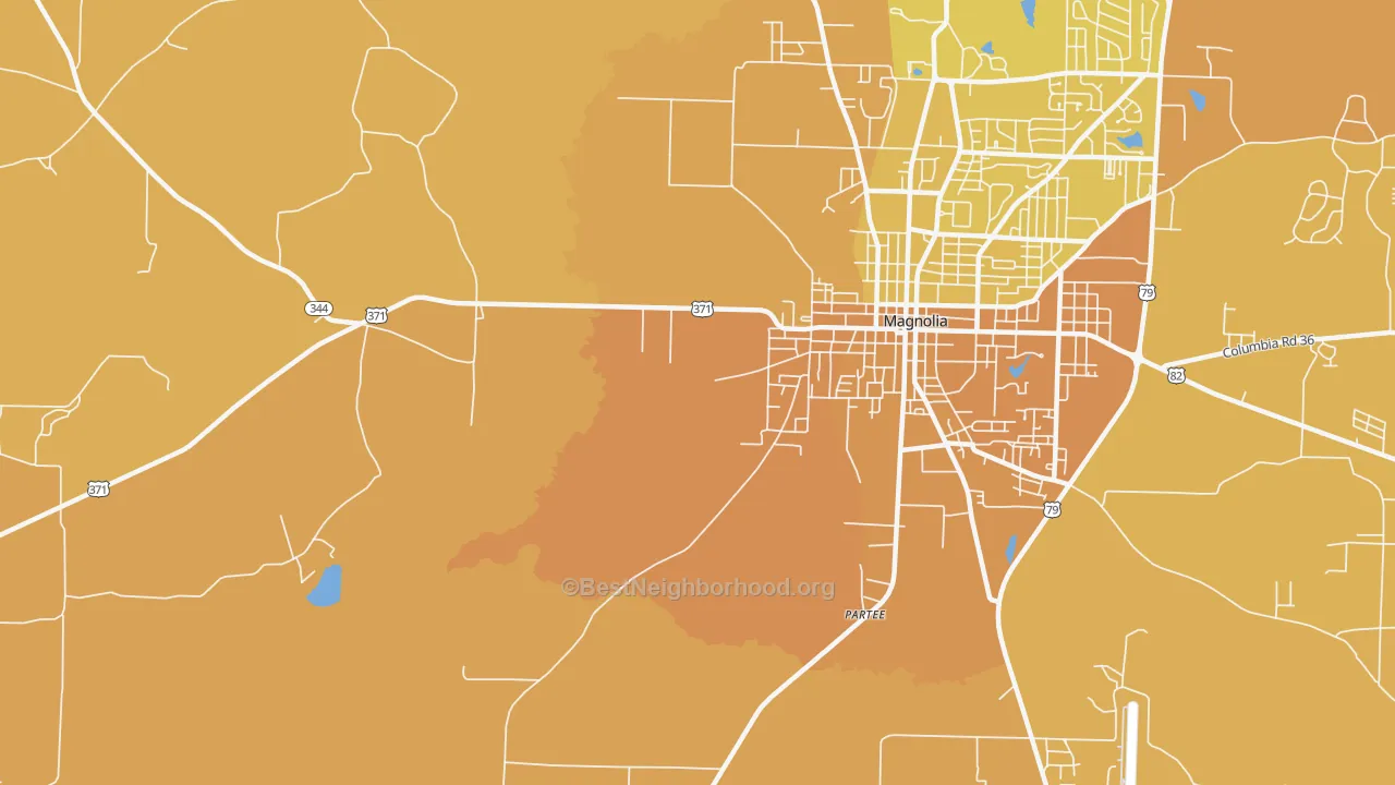 Map of the best neighborhoods in the Partee area, with better matches in green and worse matches in red