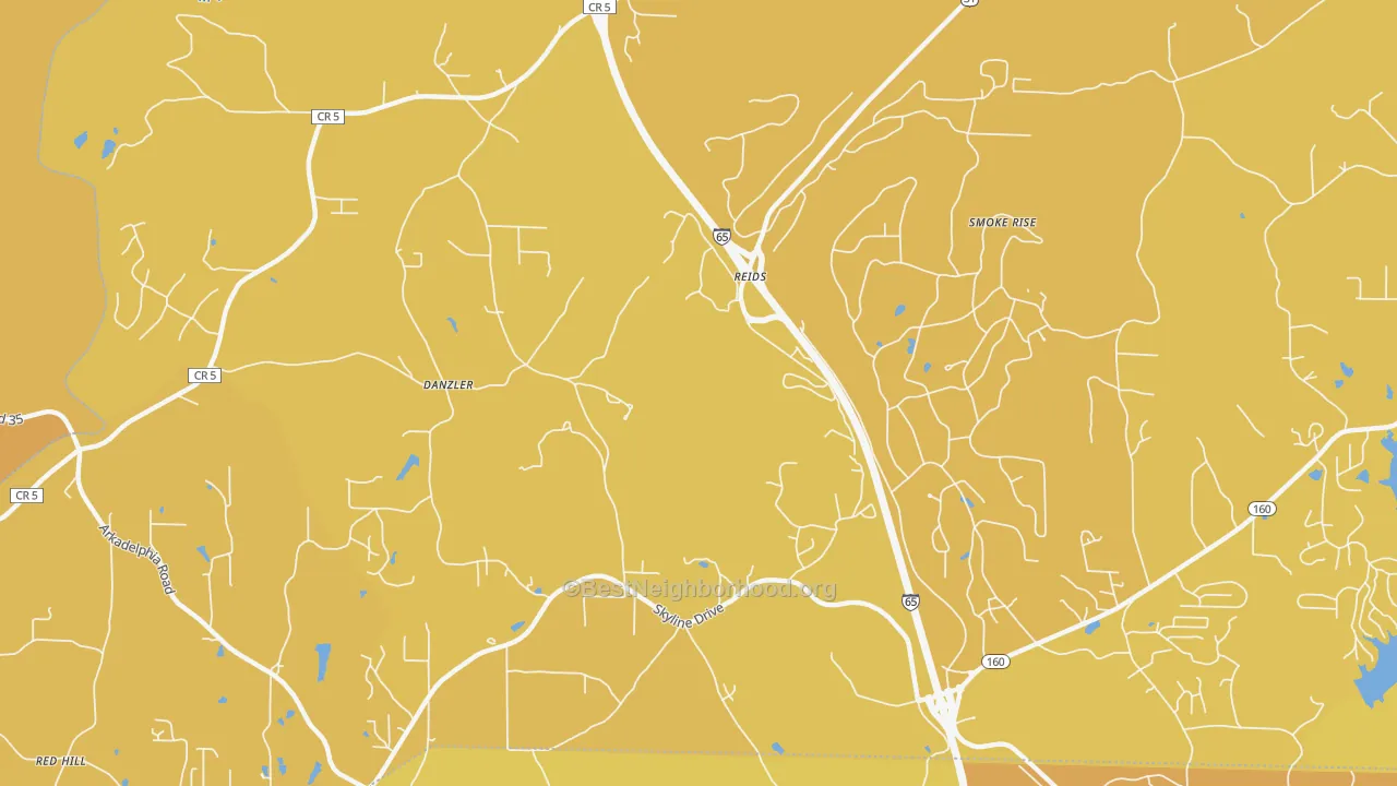 Map of the best neighborhoods in the Partridge Crossroads area, with better matches in green and worse matches in red