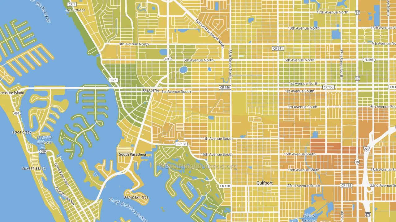 Map of the best neighborhoods in the Pasadena Bear Creek Estates, St. Petersburg area, with better matches in green and worse matches in red