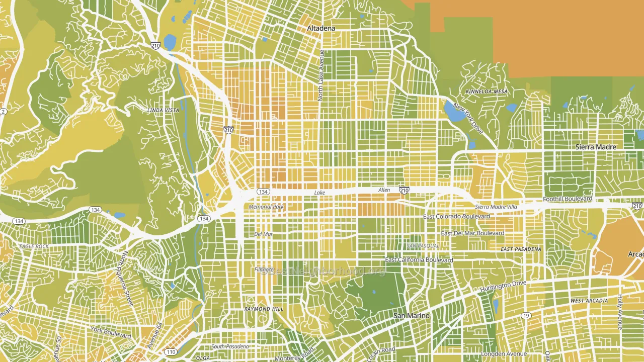 Map of the best neighborhoods in the Pasadena area, with better matches in green and worse matches in red