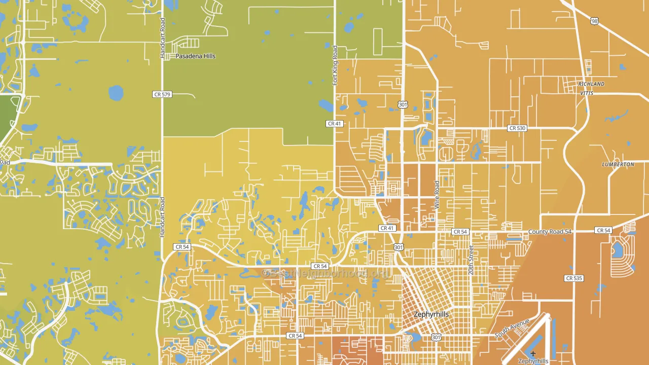 Map of the best neighborhoods in the Pasadena Hills area, with better matches in green and worse matches in red