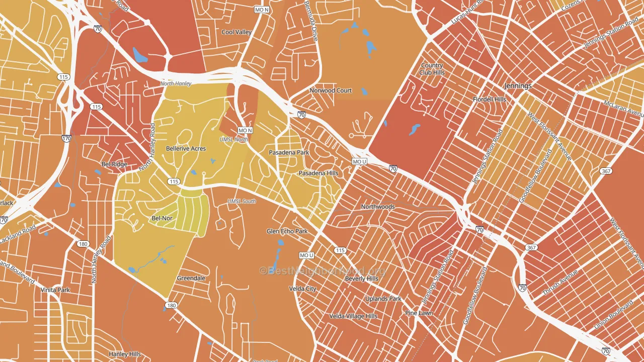 Map of the best neighborhoods in the Pasadena Hills area, with better matches in green and worse matches in red