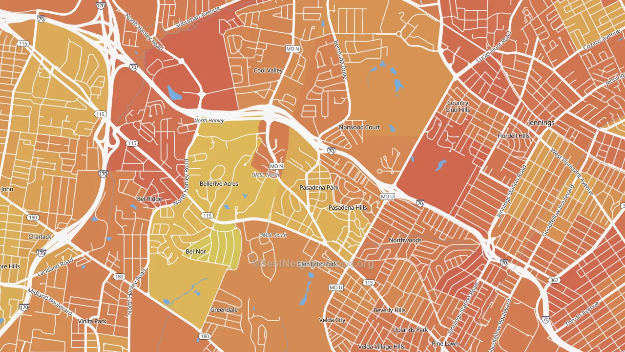 Map of the best neighborhoods in the Pasadena Park area, with better matches in green and worse matches in red