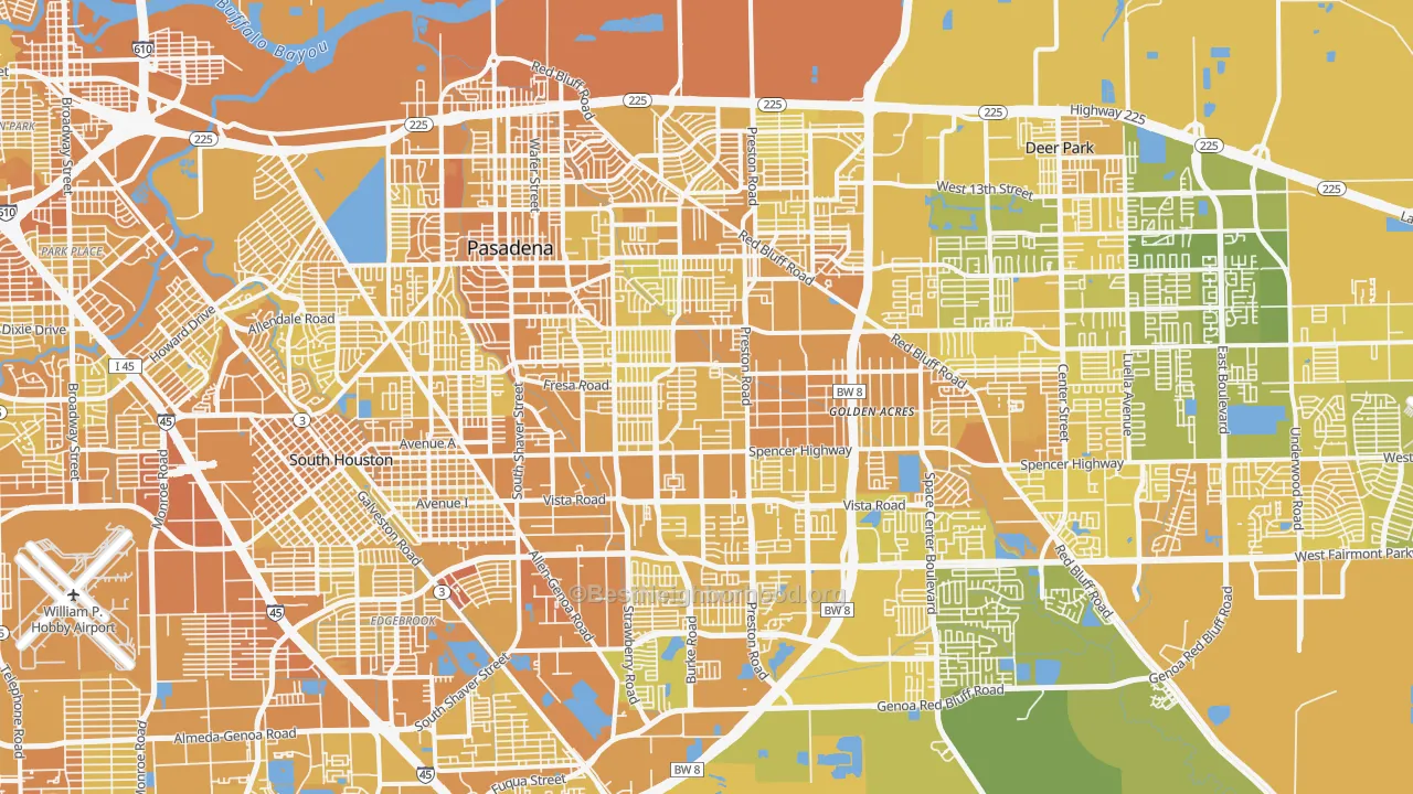 Map of the best neighborhoods in the Pasadena area, with better matches in green and worse matches in red