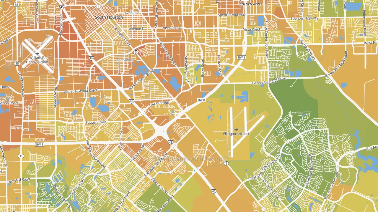 Map of the best neighborhoods in the Pasadina, Houston area, with better matches in green and worse matches in red