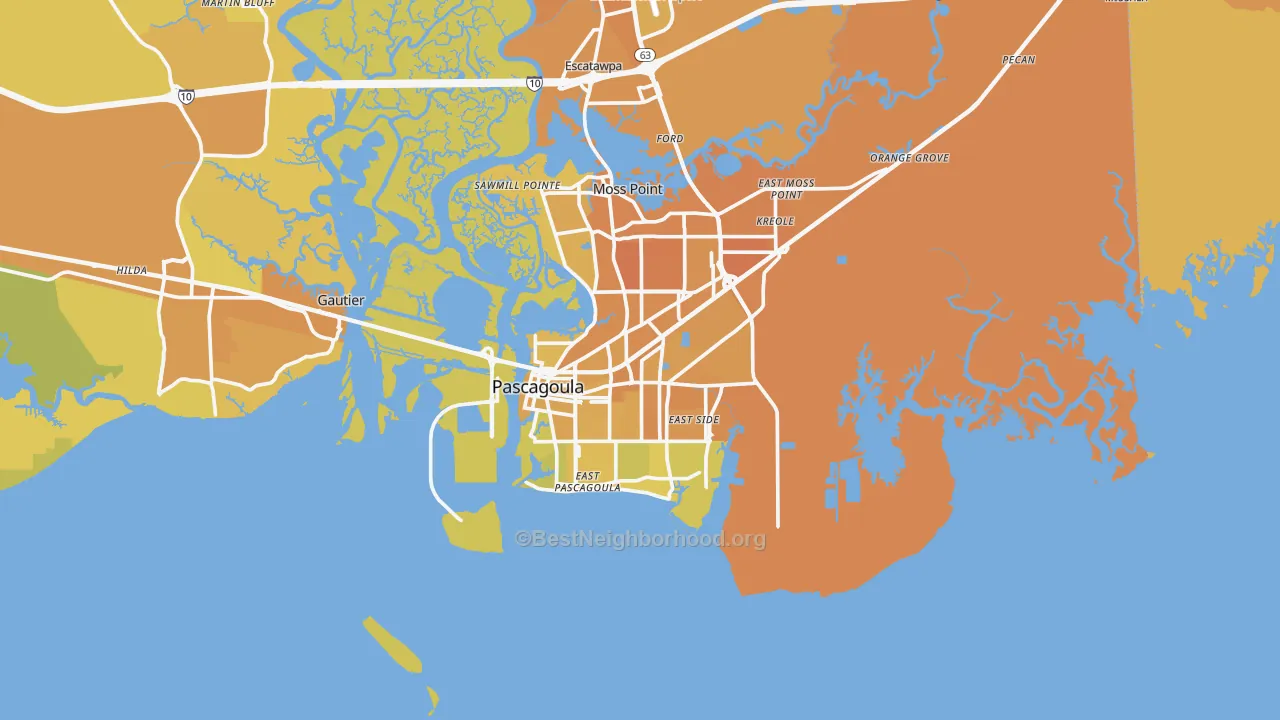 Map of the best neighborhoods in the Pascagoula area, with better matches in green and worse matches in red